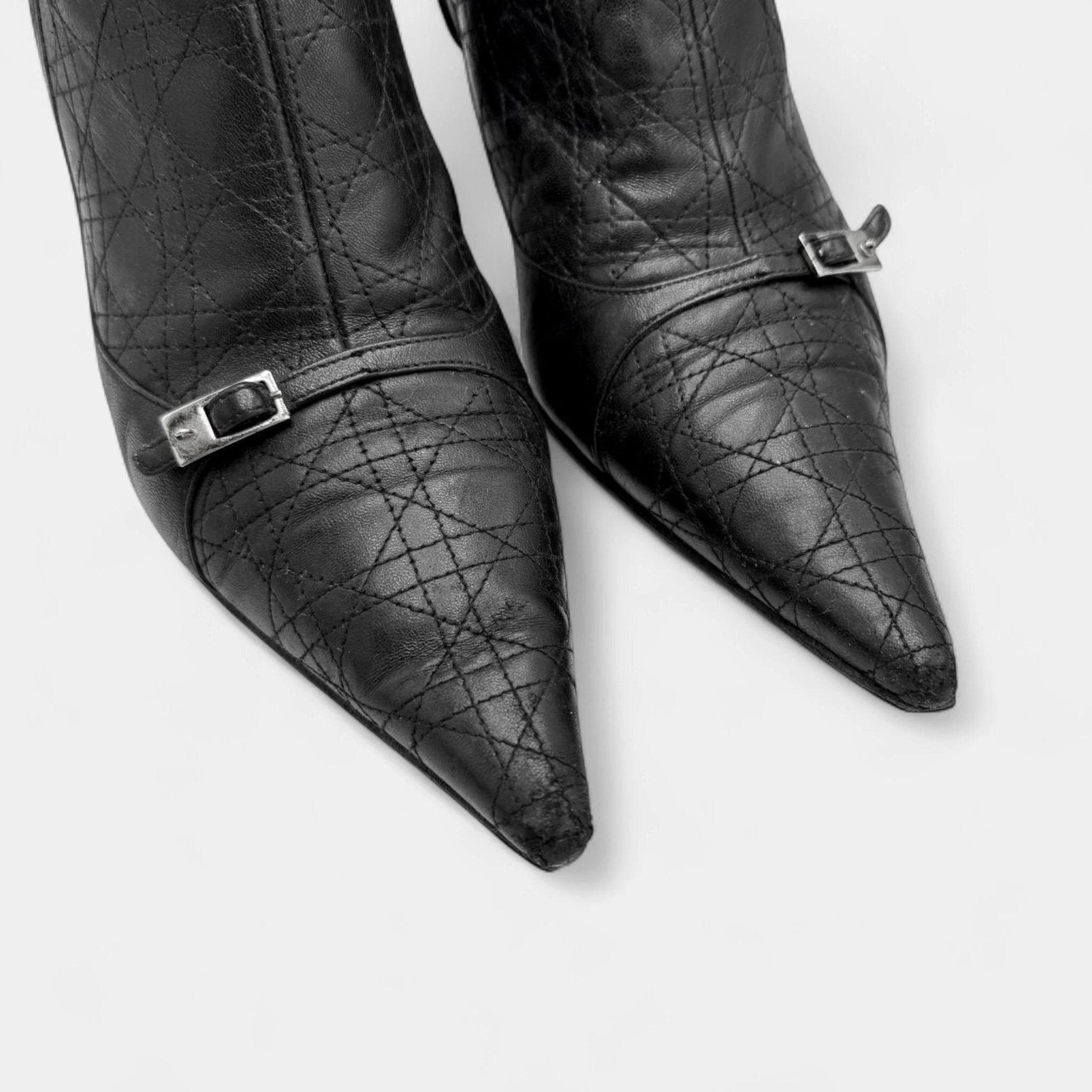 Christian Dior Black Cannage Leather Pointed Kitten-Heel Boots