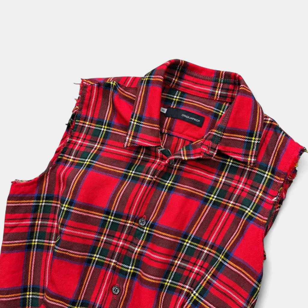 Dsquared2 Red Tartan Plaid Sleeveless Frayed Shirt