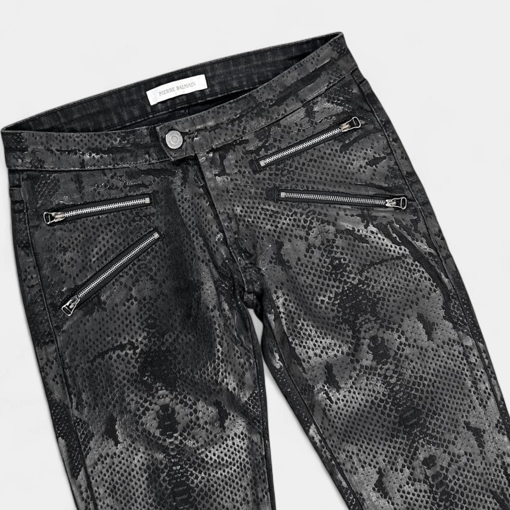 Pierre Balmain Biker Snakeskin Denim Pants