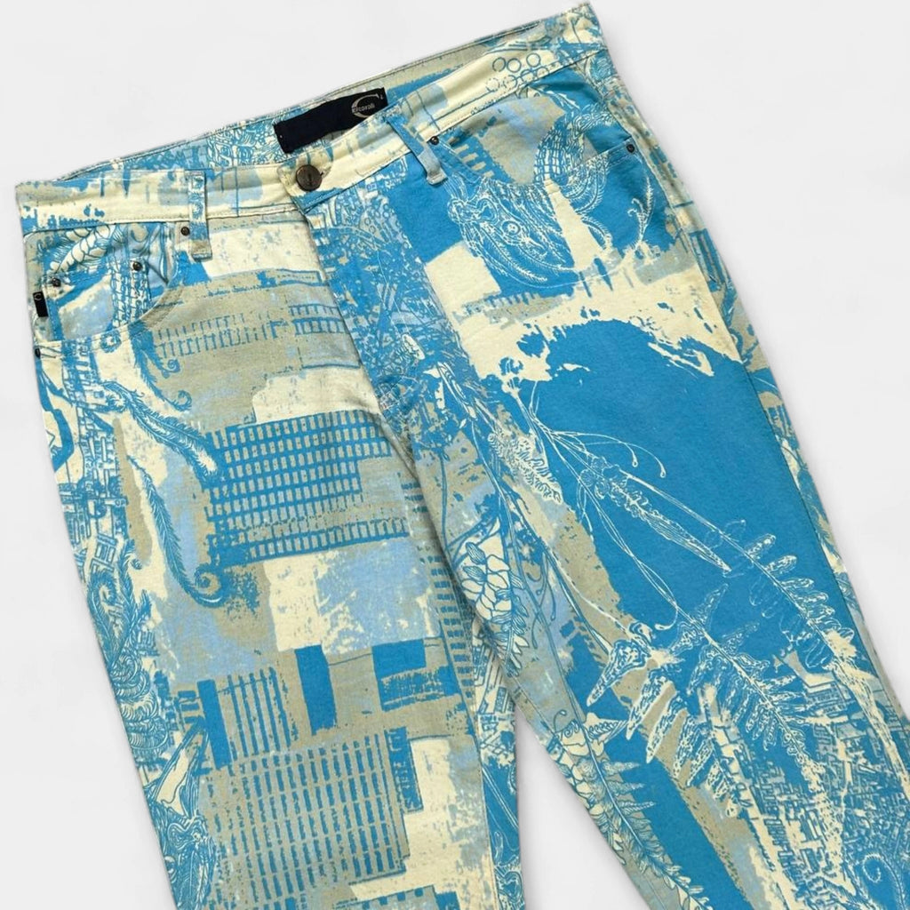 Just Cavalli 2000s Original Graphic Yellow Blue Flared Pants