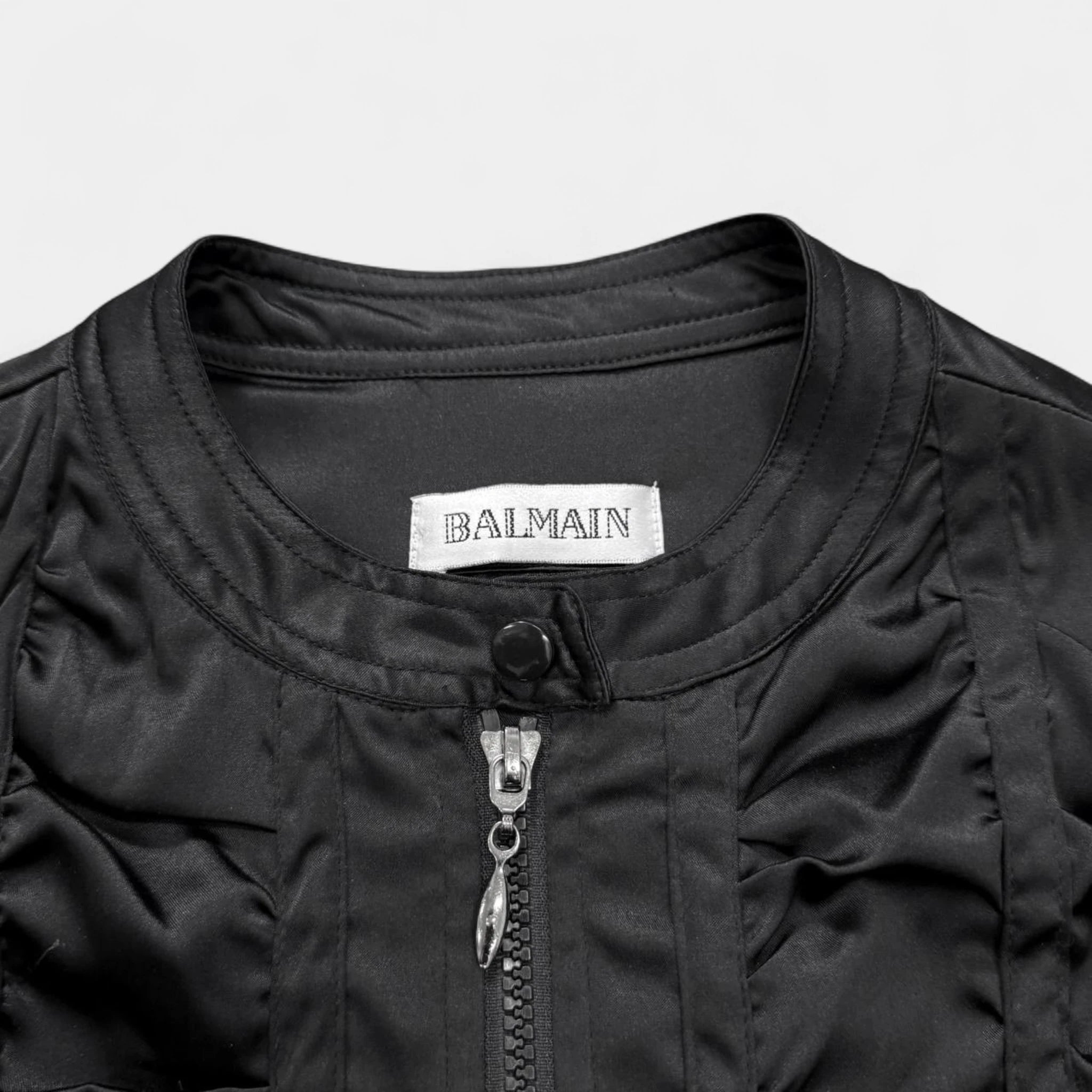 Balmain Black Ruffle Satin Cropped Zip-Up Bomber Jacket