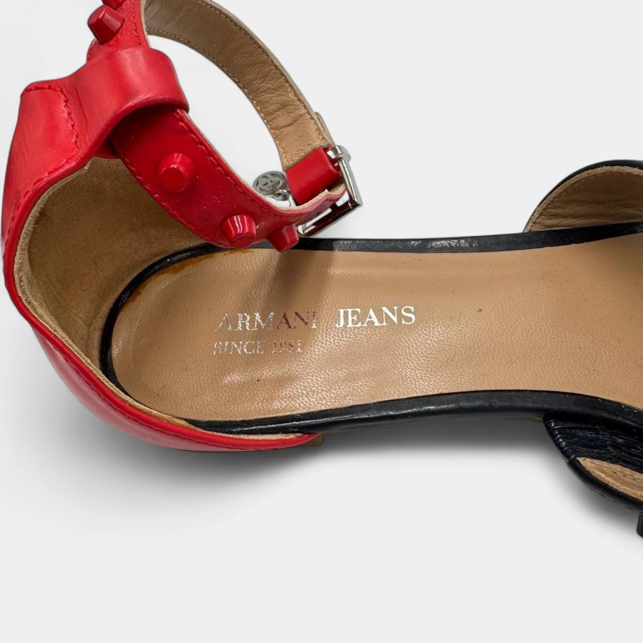Armani Jeans Color-Block Studded Patent Leather Flat Sandals