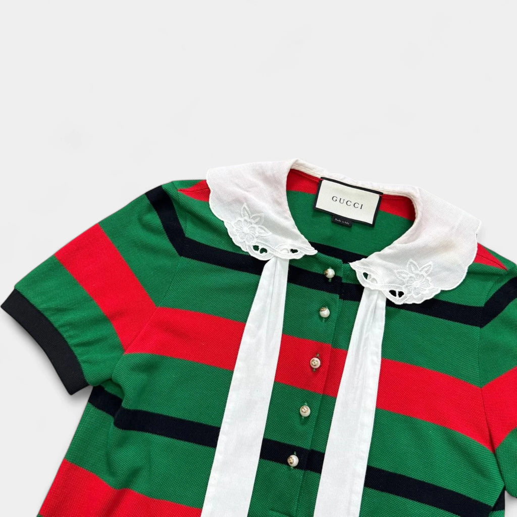 Gucci Green & Red Web Stripe Embroidered Lace Collar Polo Shirt