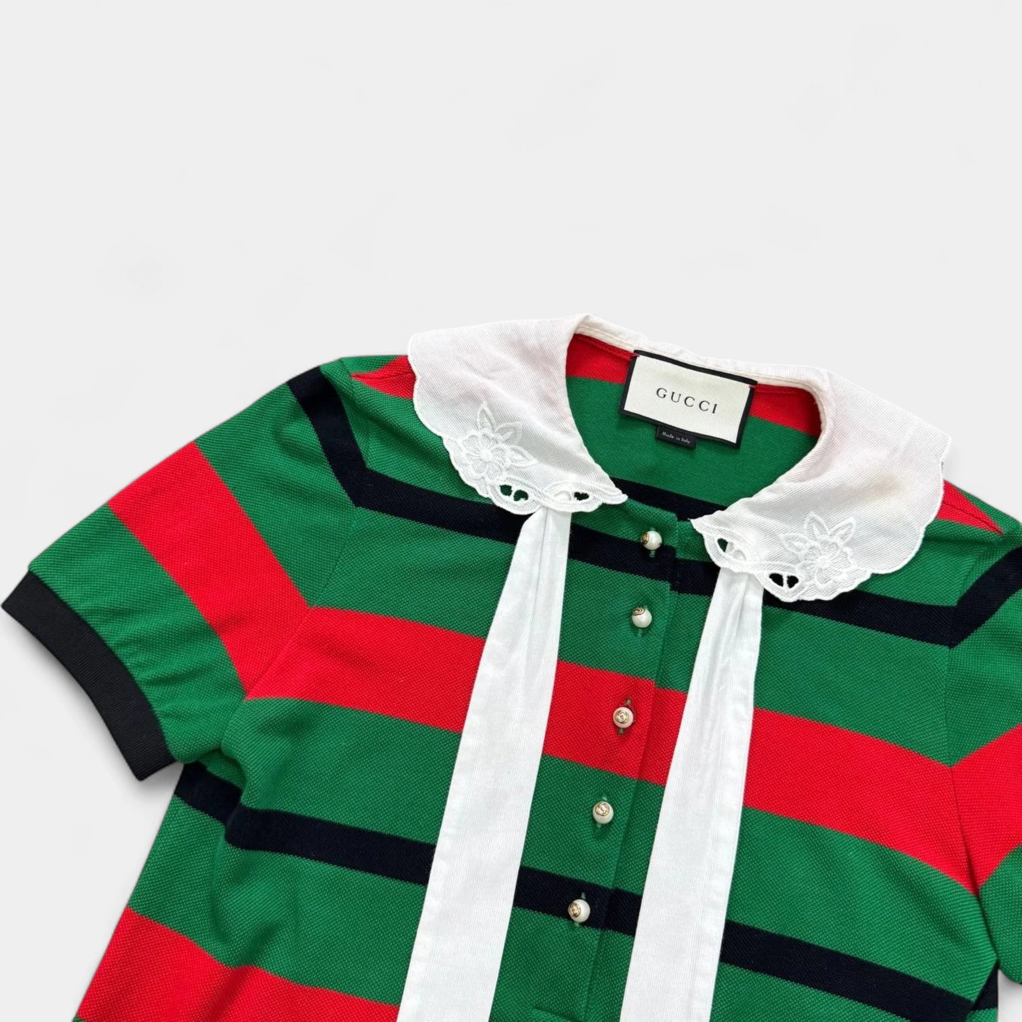 Gucci Green & Red Web Stripe Embroidered Lace Collar Polo Shirt