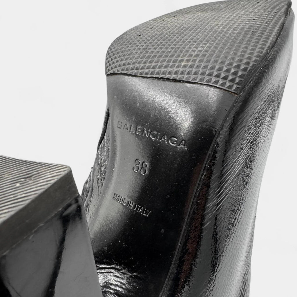 Balenciaga Black Crinkled Patent Leather Sculpted Block Heel Boots