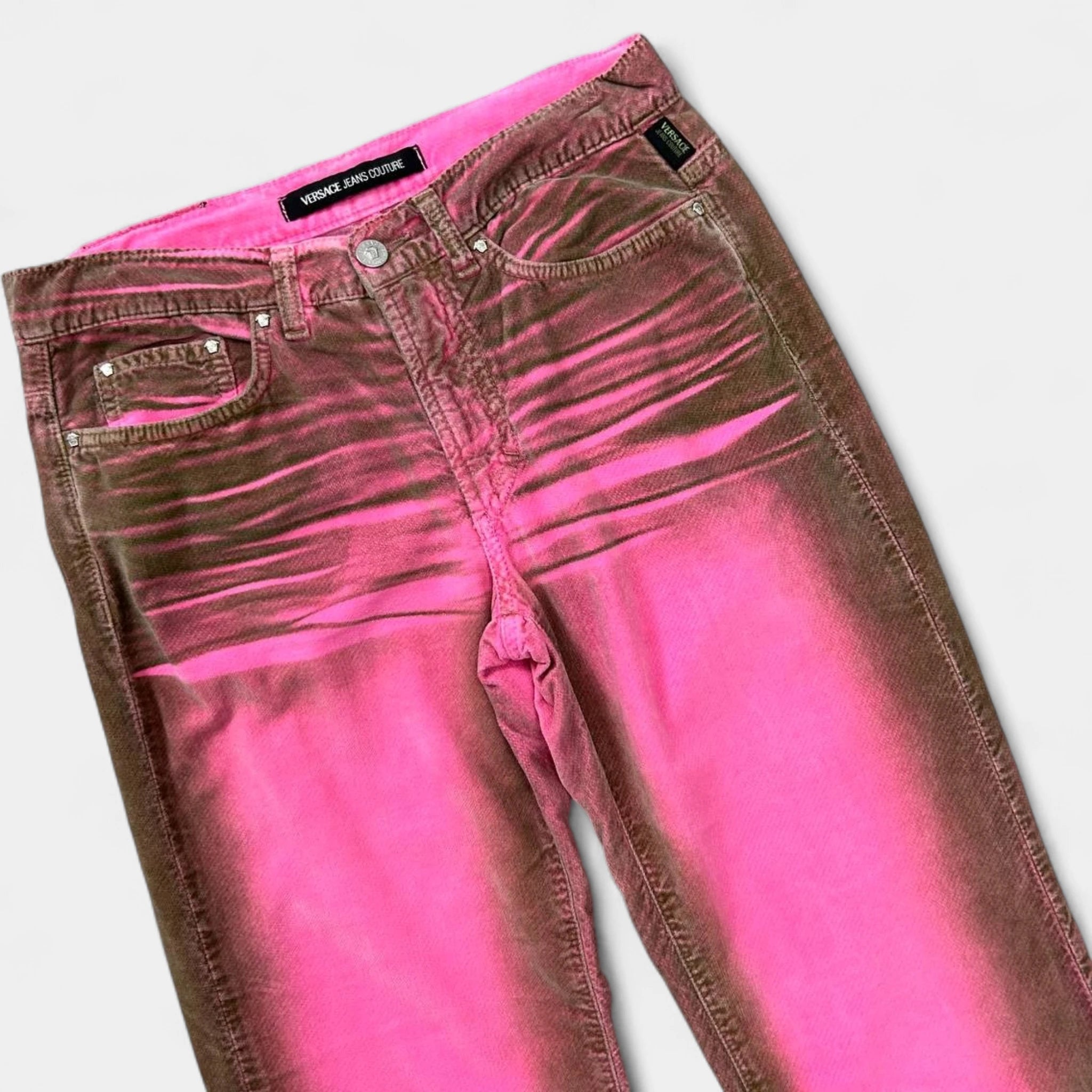 Versace Jeans Couture 2000s Fuchsia Acid Print Bootcut Velvet Pants