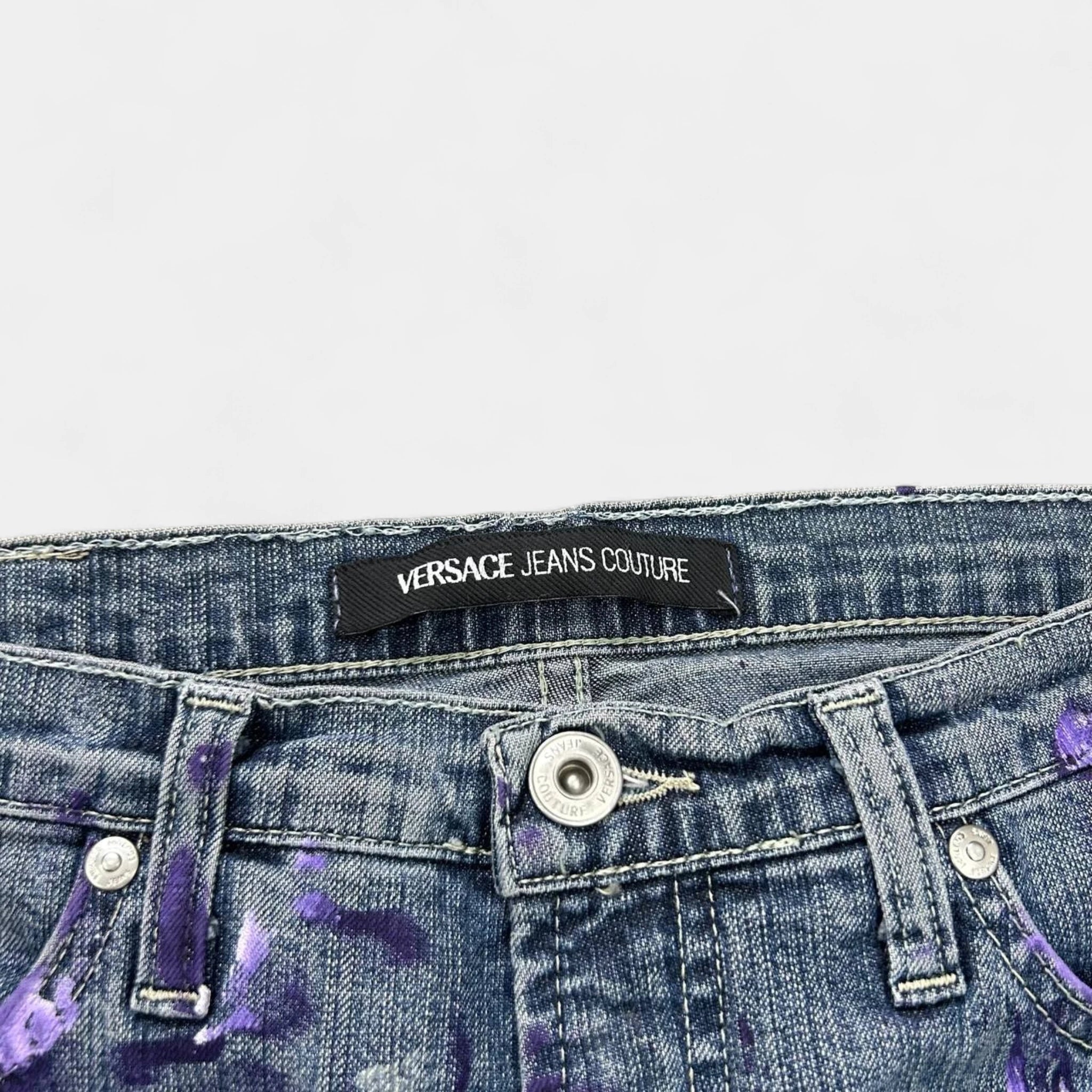 Versace Jeans Couture 2000s Blue Painted Denim Flared Pants