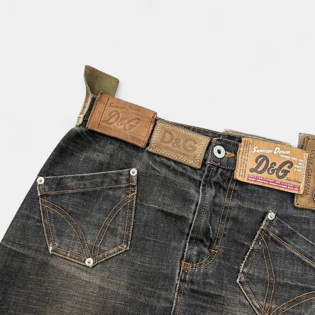 Dolce & Gabbana 2000's Leather Patchwork Denim Skirt