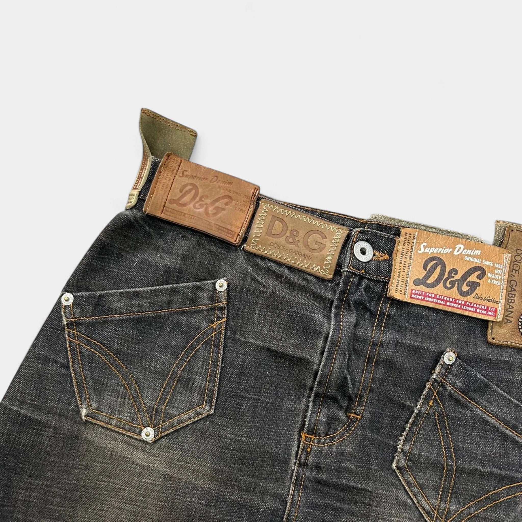 Dolce & Gabbana 2000's Leather Patchwork Denim Skirt