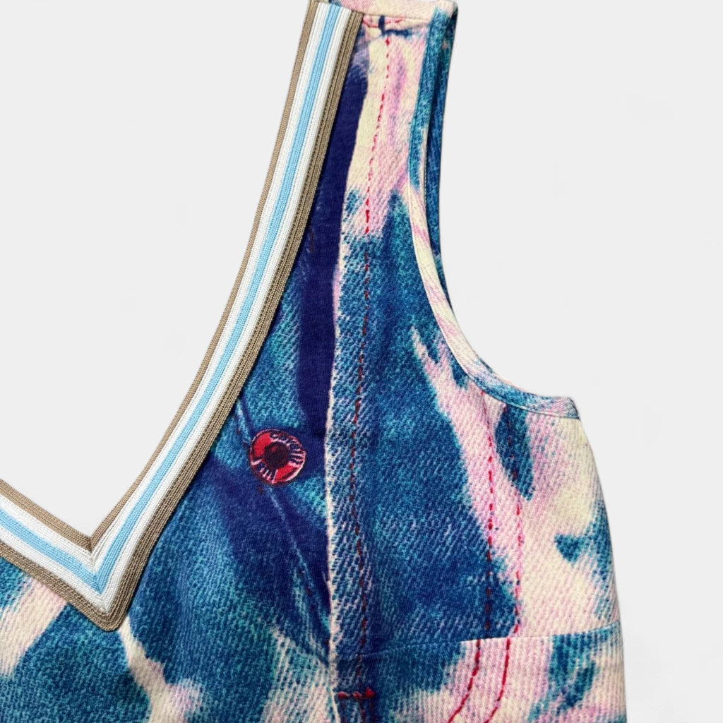 Just Cavalli 2000s Blue Pink Tie-Dye Denim V-Neck Tank Top