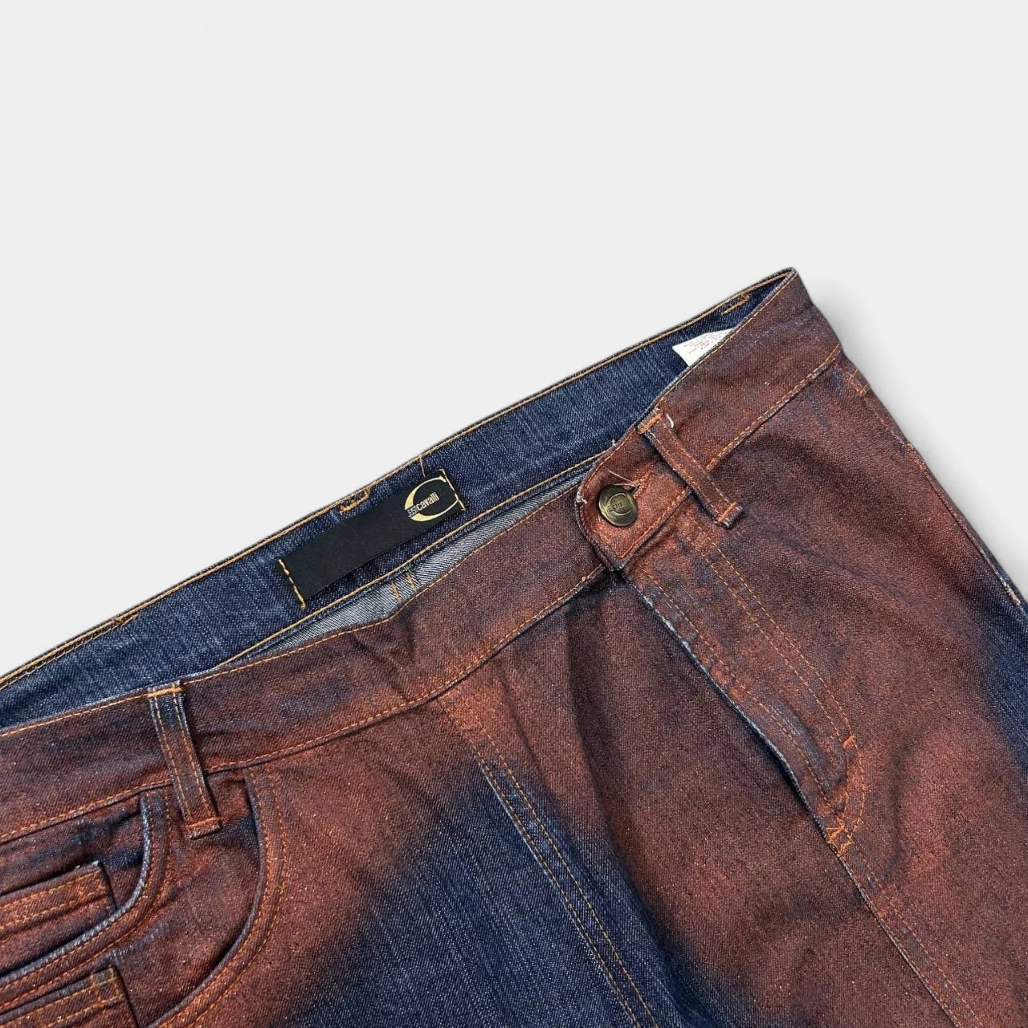 Just Cavalli 2000's Asymmetrical "Blood Stain" Blue Jeans