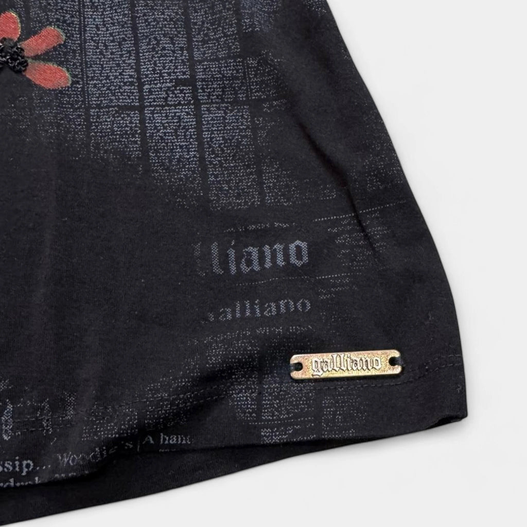 Galliano Newspaper Print Embellished Floral V-Neck T-Shirt