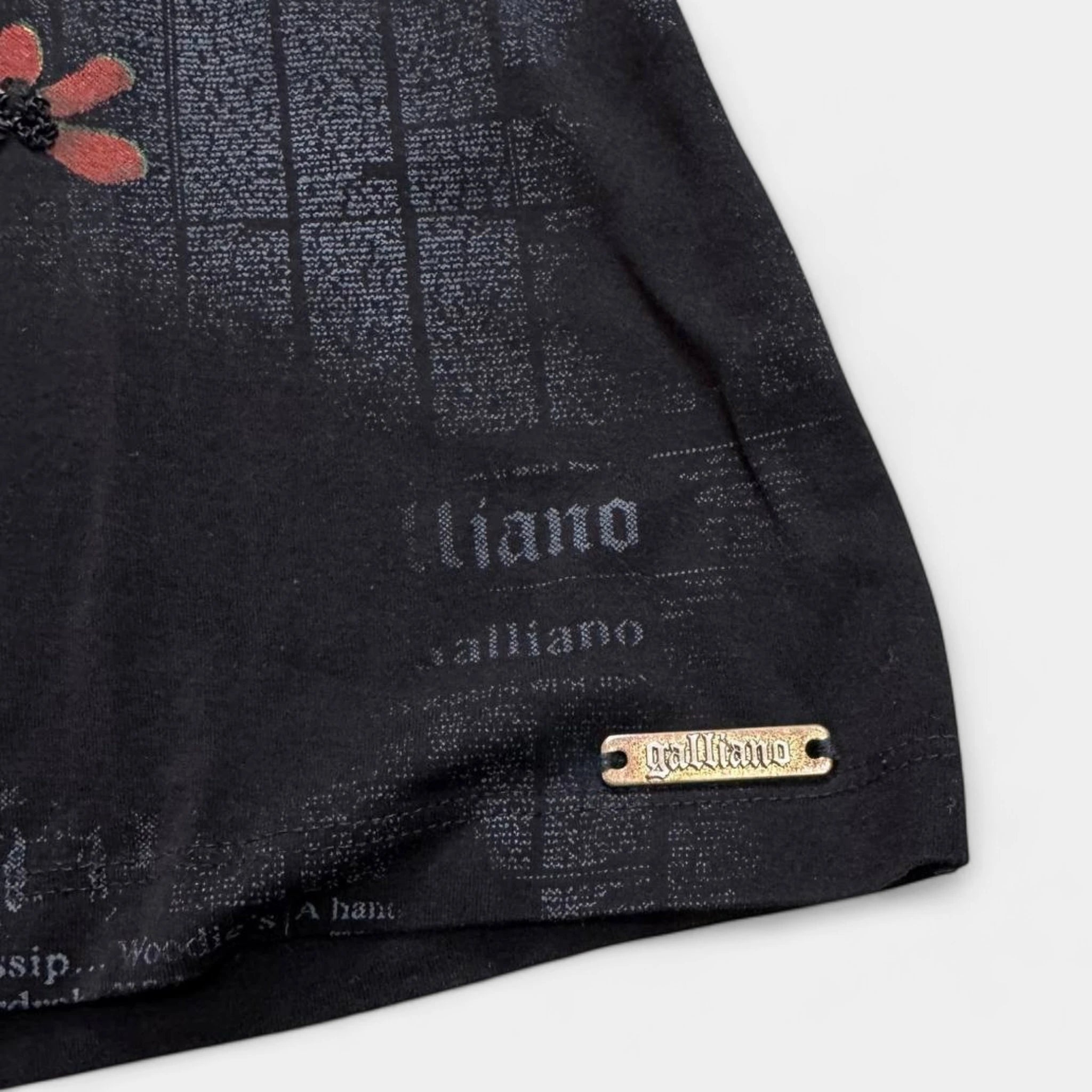 Galliano Newspaper Print Embellished Floral V-Neck T-Shirt
