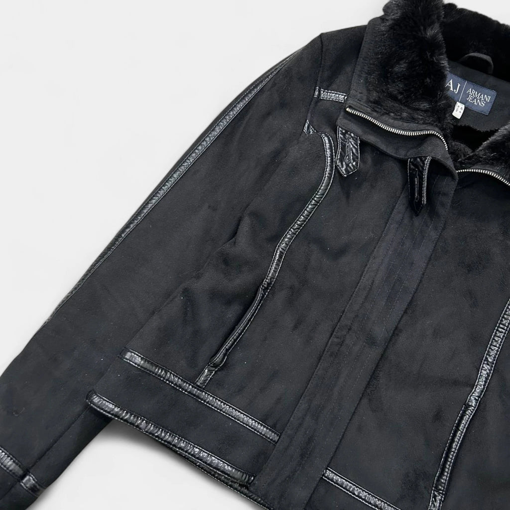 Armani Jeans 2000's Black Faux Suede & Faux Fur Moto Jacket
