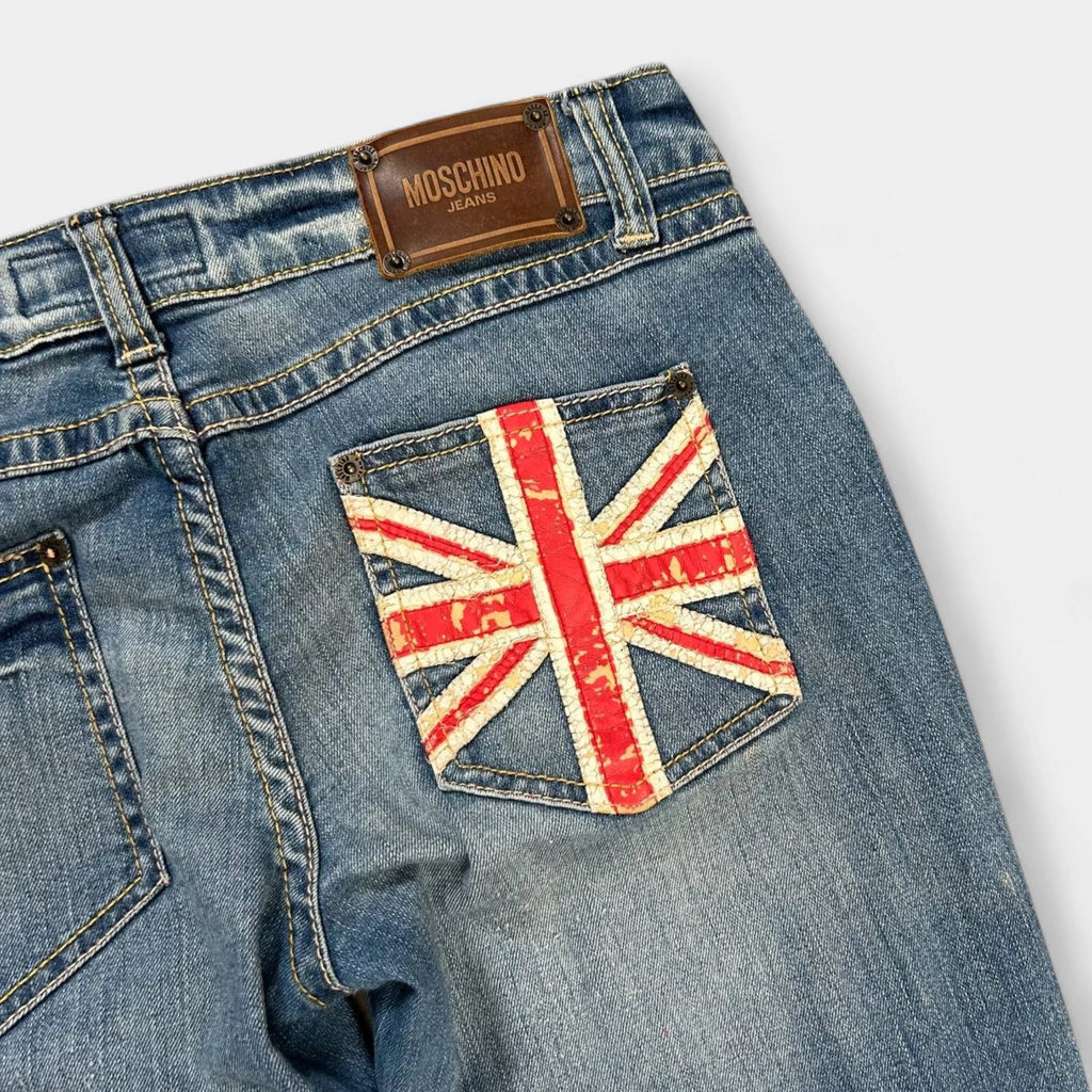 Moschino Vintage Straight Cut Union Jack Flag Blue Jeans