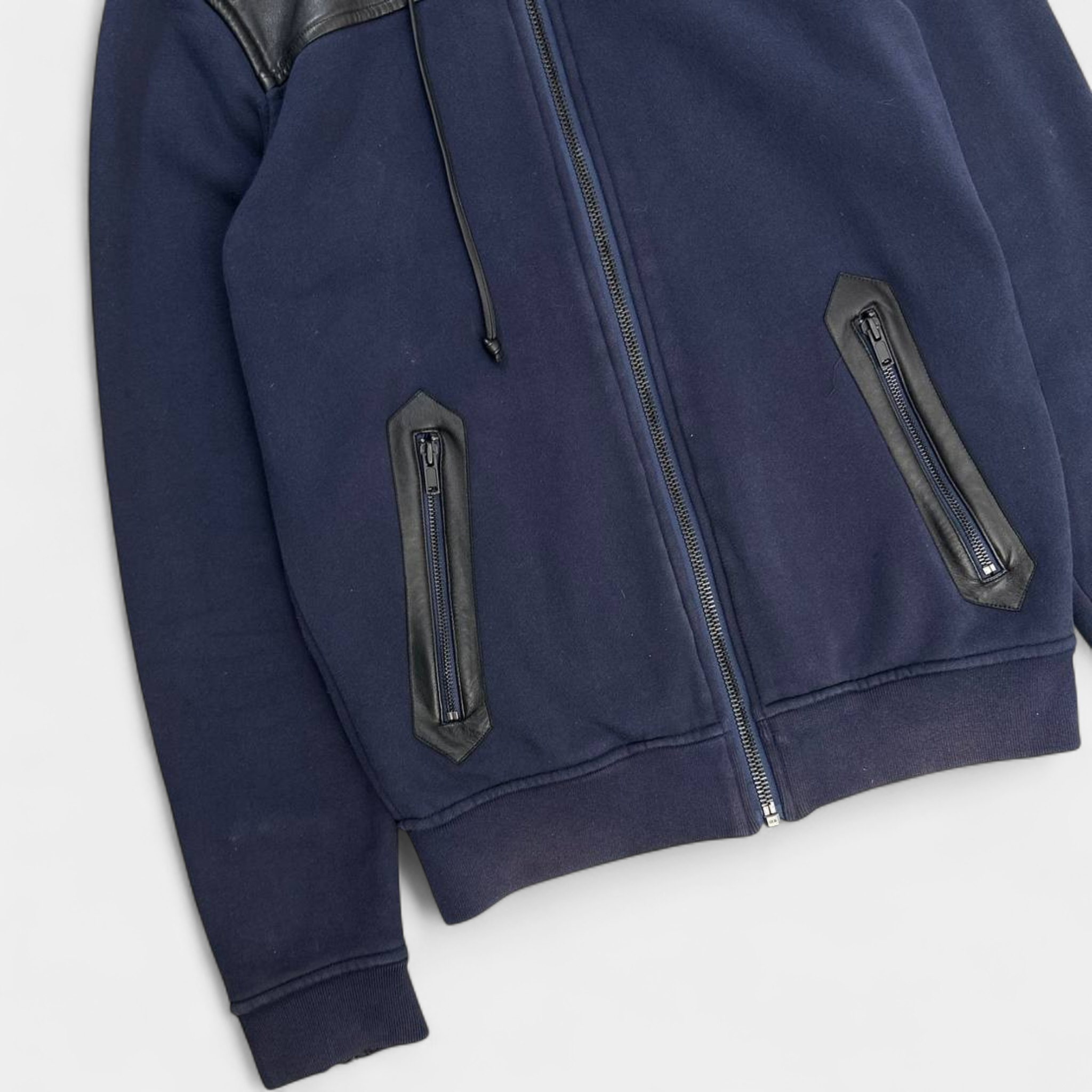 Marc Jacobs Leather Hooded Navy Blue Sweatshirt Jacket