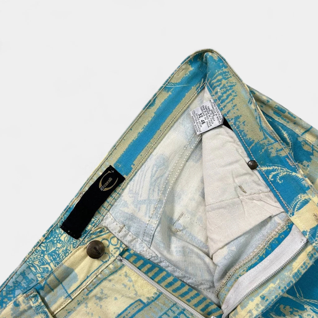 Just Cavalli 2000s Original Graphic Yellow Blue Flared Pants