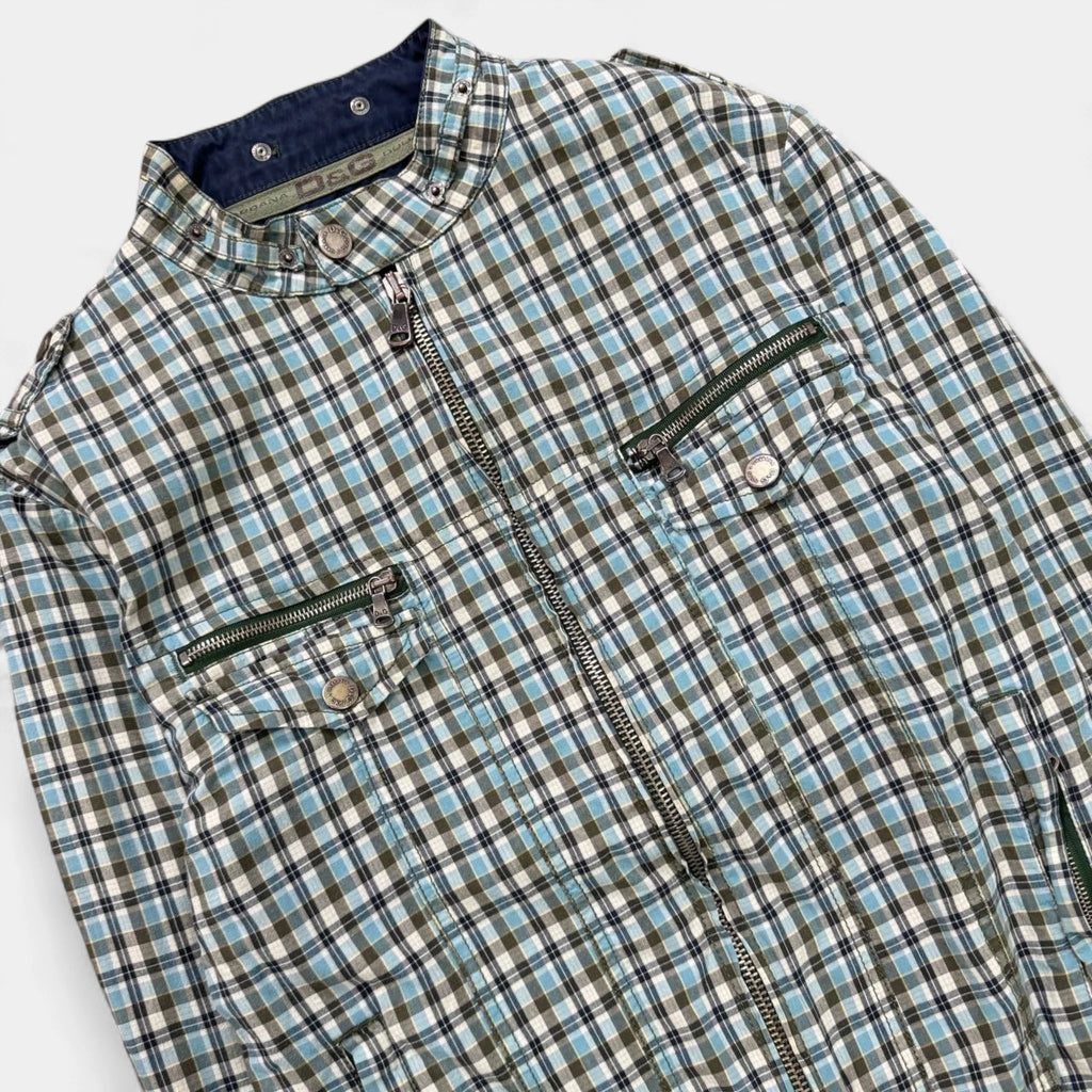 Dolce & Gabbana D&G Teal Plaid Multi-Pocket Bomber Jacket