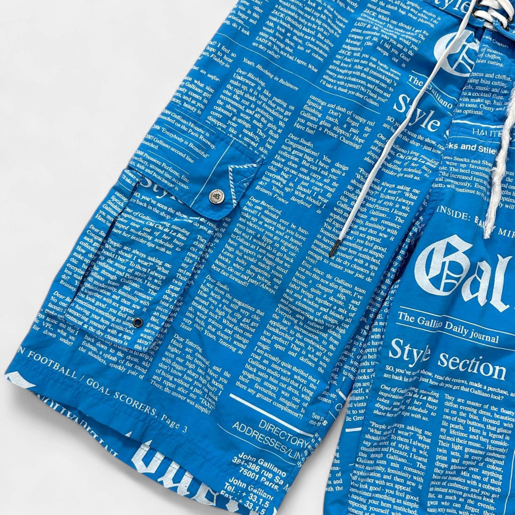 Galliano Newspaper Print Blue Swim Shorts