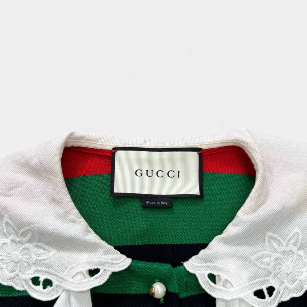 Gucci Green & Red Web Stripe Embroidered Lace Collar Polo Shirt