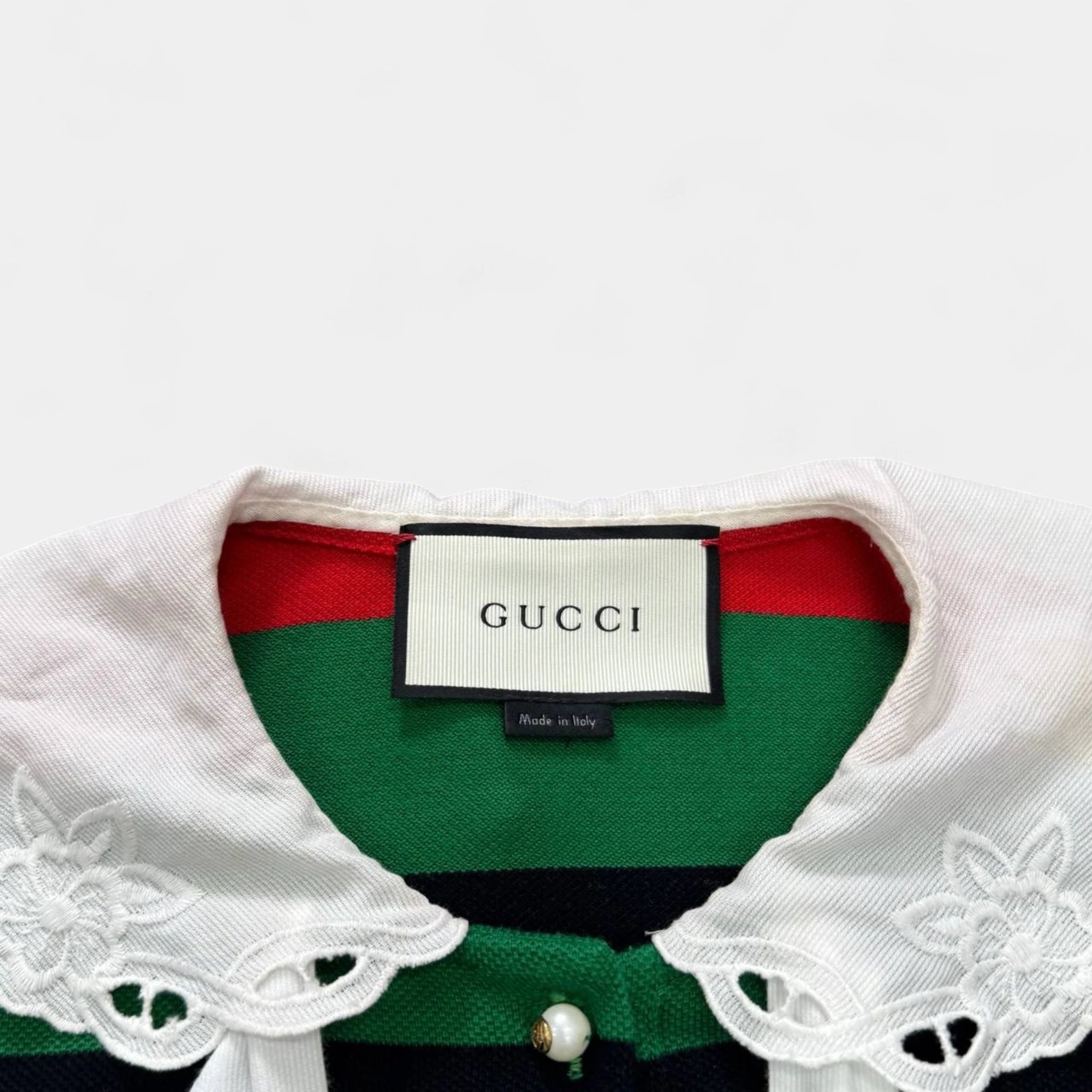 Gucci Green & Red Web Stripe Embroidered Lace Collar Polo Shirt