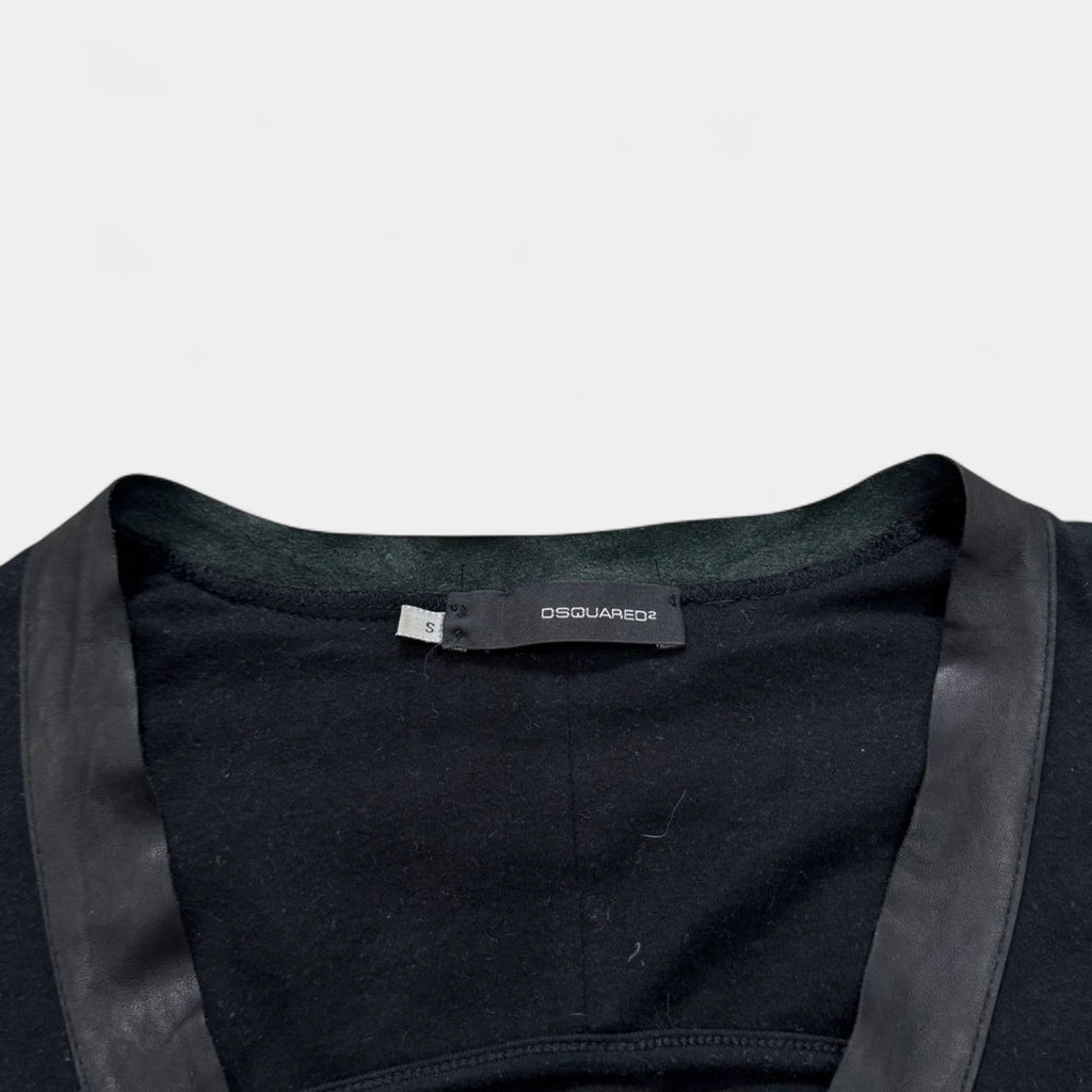 Dsquared2 Black Cotton V-Neck T-shirt with Leather Trim