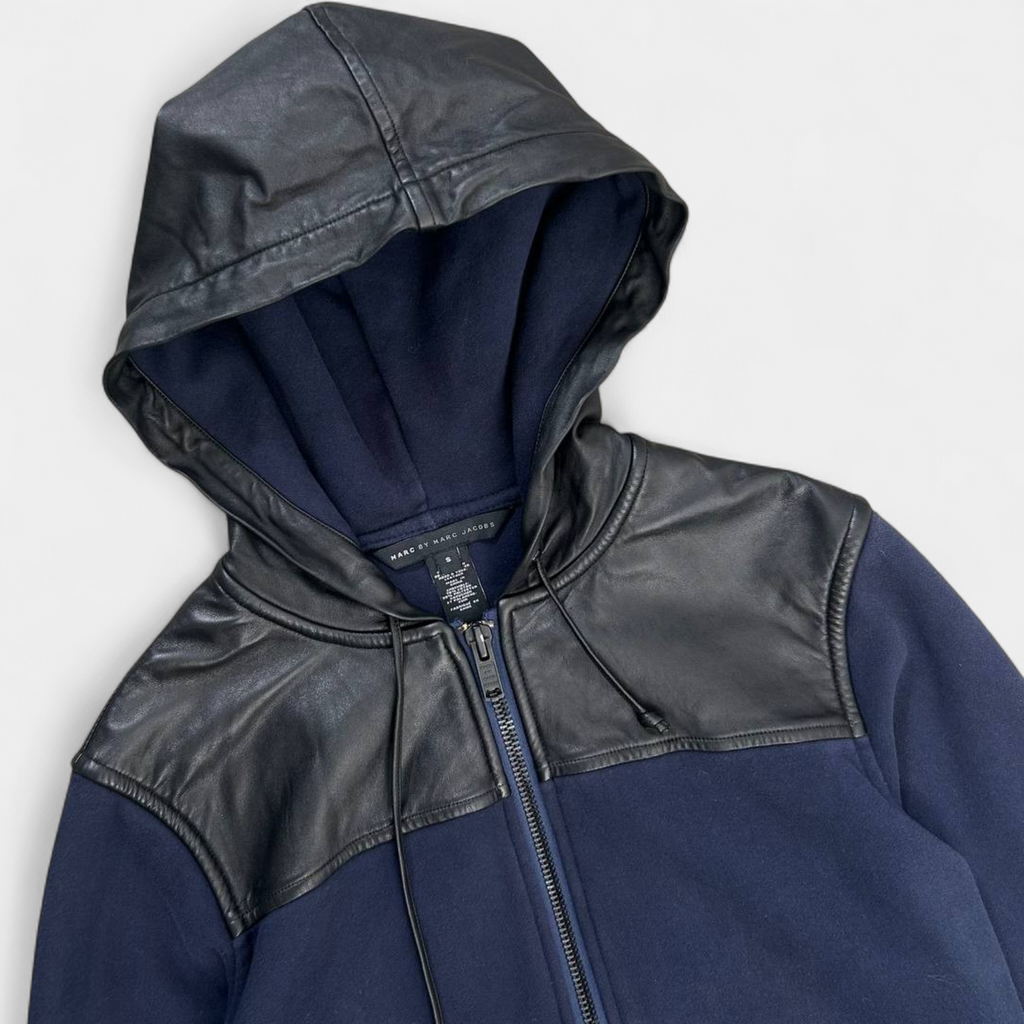 Marc Jacobs Leather Hooded Navy Blue Sweatshirt Jacket