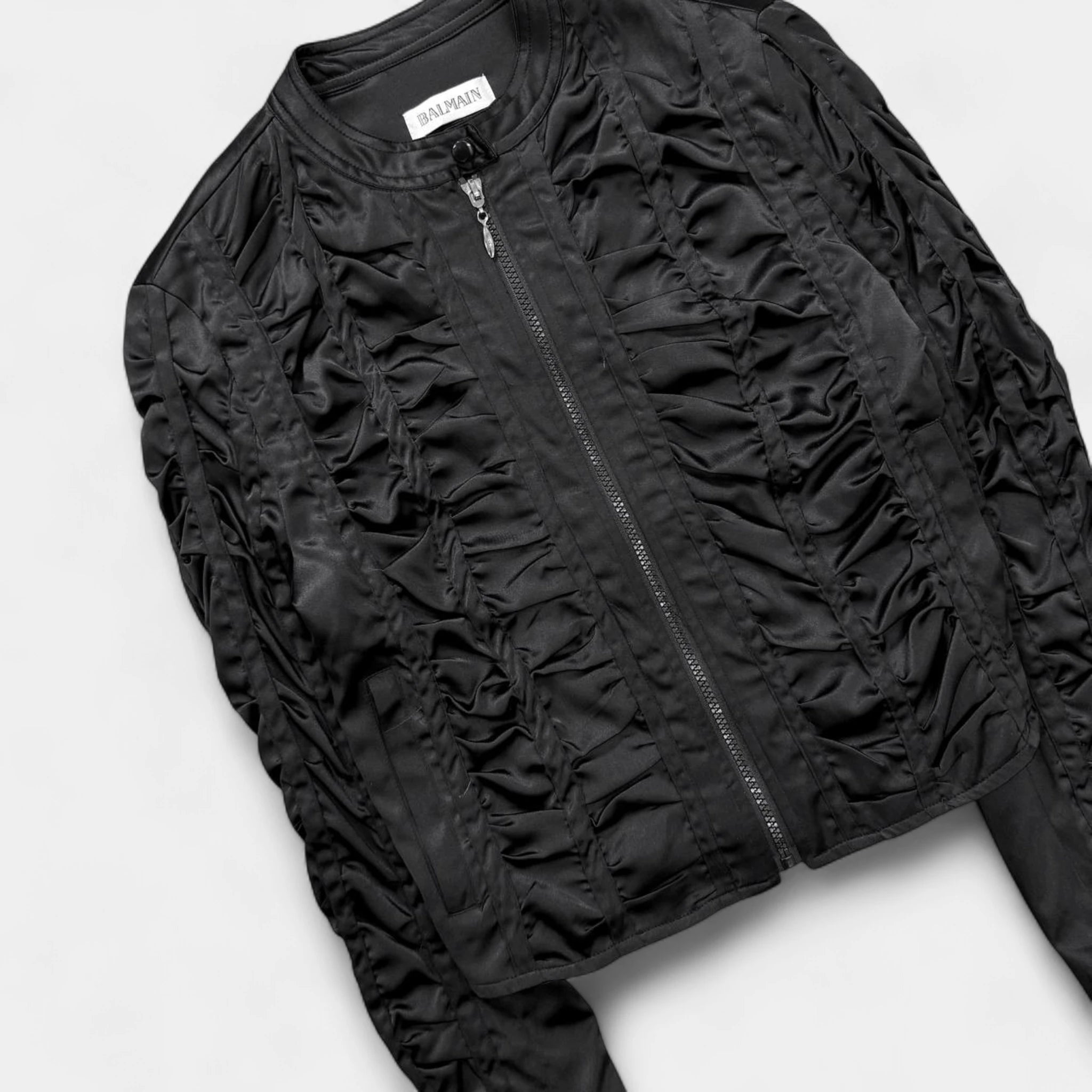 Balmain Black Ruffle Satin Cropped Zip-Up Bomber Jacket