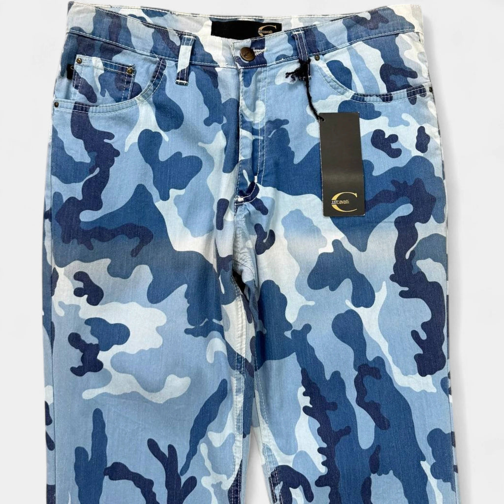 Just Cavalli 2000s Blue Camouflage Flared Denim Jeans