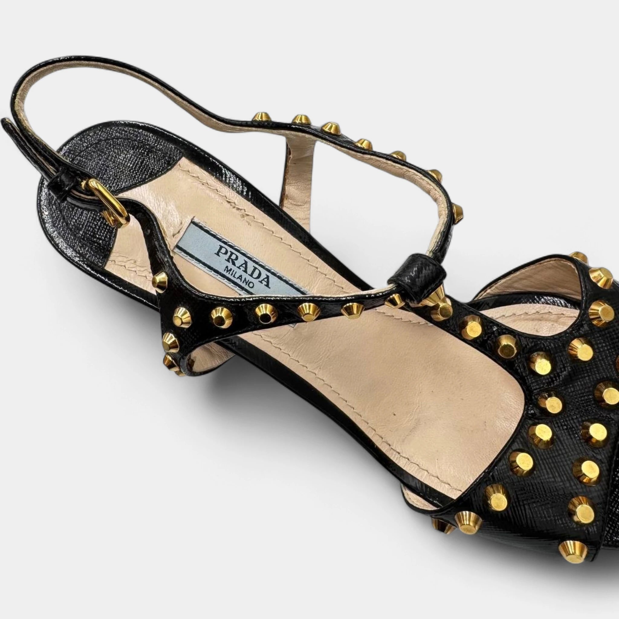 Prada 2010s Black Leather Gold Stud T-Strap Platform Sandals