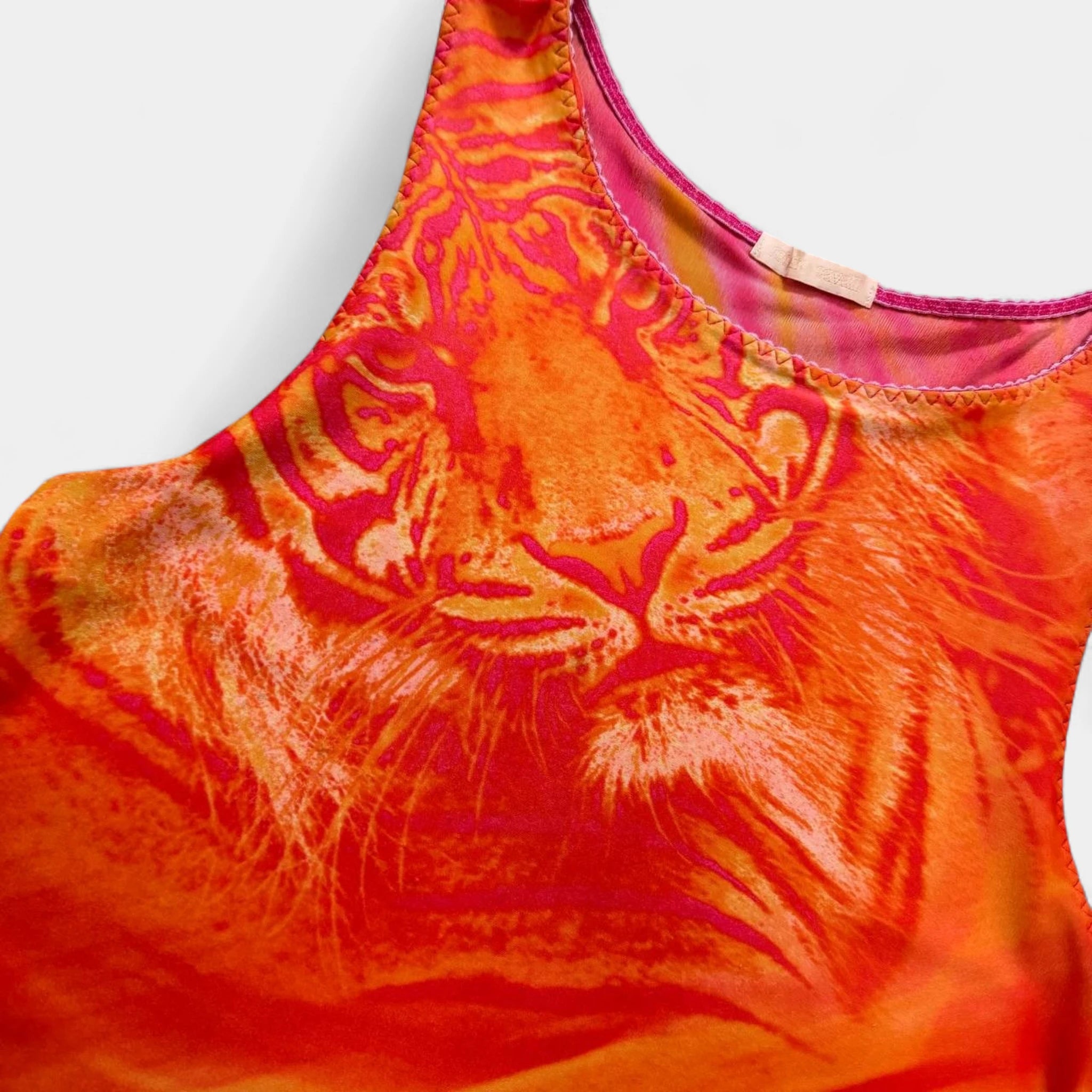 Roberto Cavalli Neon Orange Tiger Print Mesh Tank Top