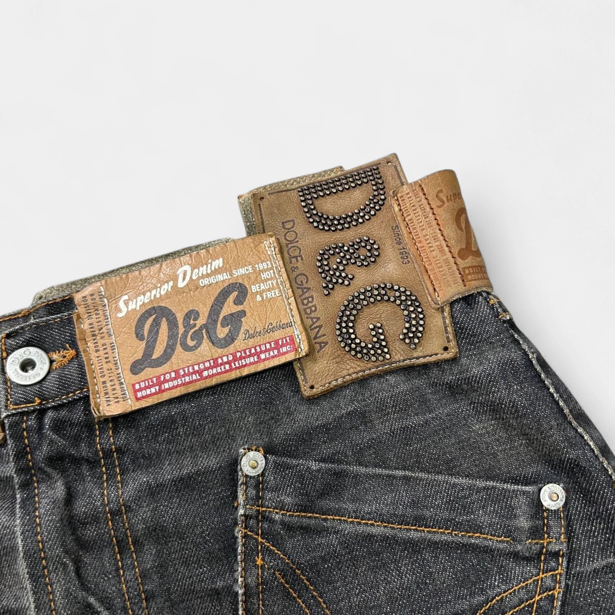 Dolce & Gabbana 2000's Leather Patchwork Denim Skirt
