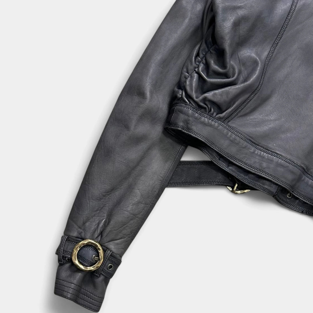Just Cavalli Cropped Victorian Dark Gray Leather Jacket