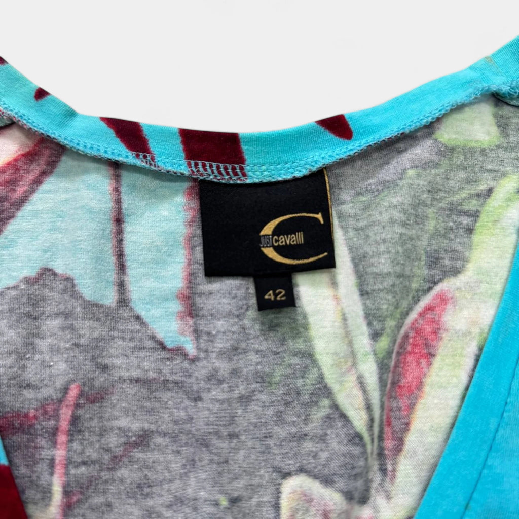 Just Cavalli 2000s Floral Print V-Neck Top Leather Sleeves