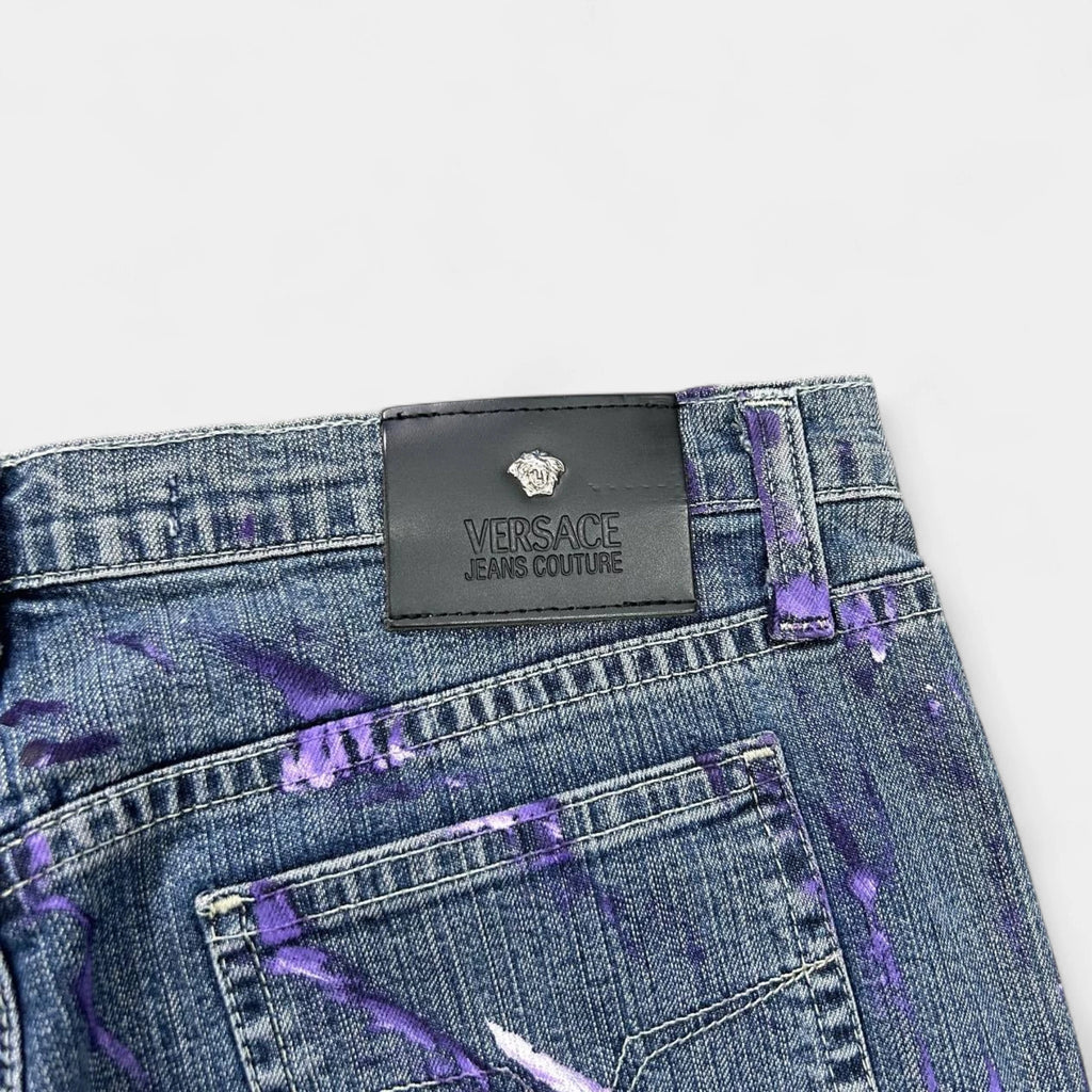 Versace Jeans Couture 2000s Blue Painted Denim Flared Pants