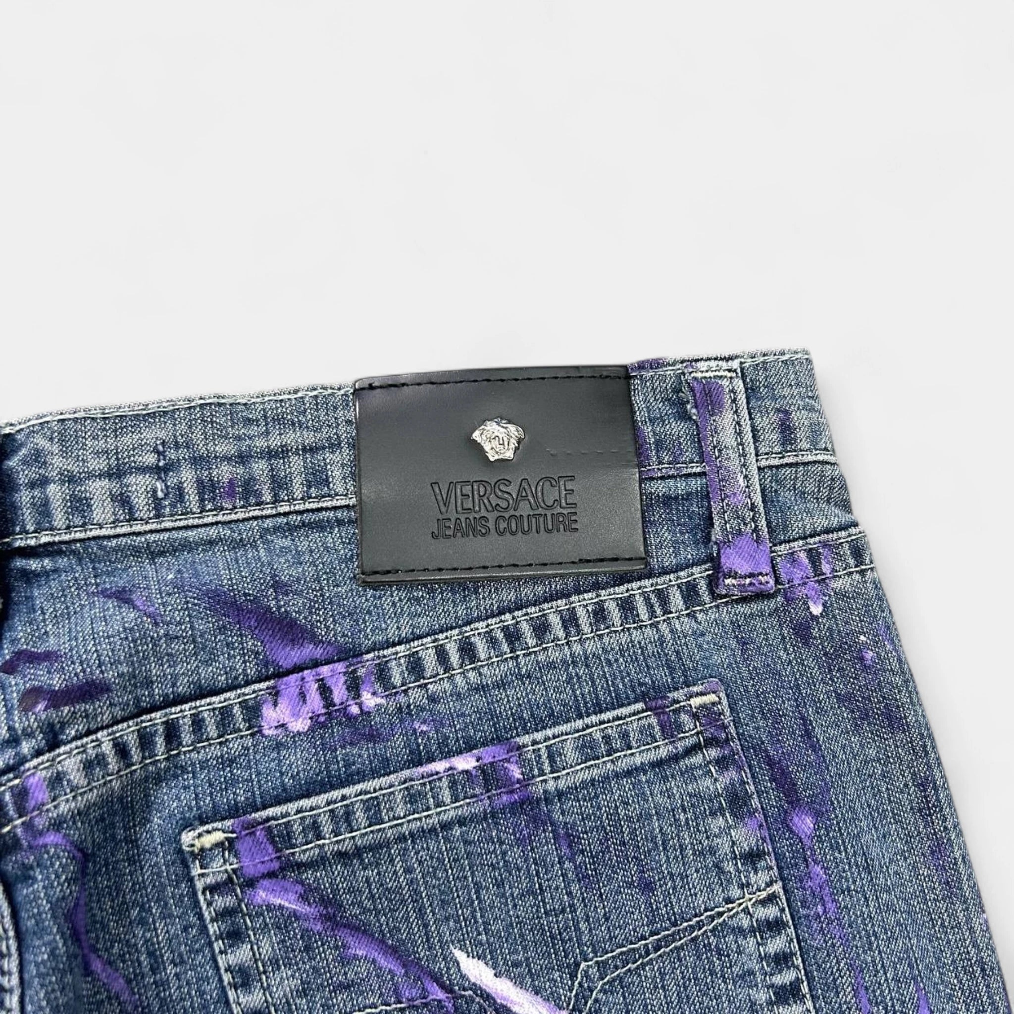 Versace Jeans Couture 2000s Blue Painted Denim Flared Pants