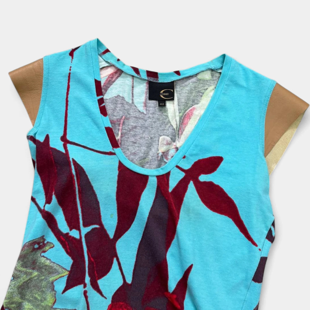 Just Cavalli 2000s Floral Print V-Neck Top Leather Sleeves