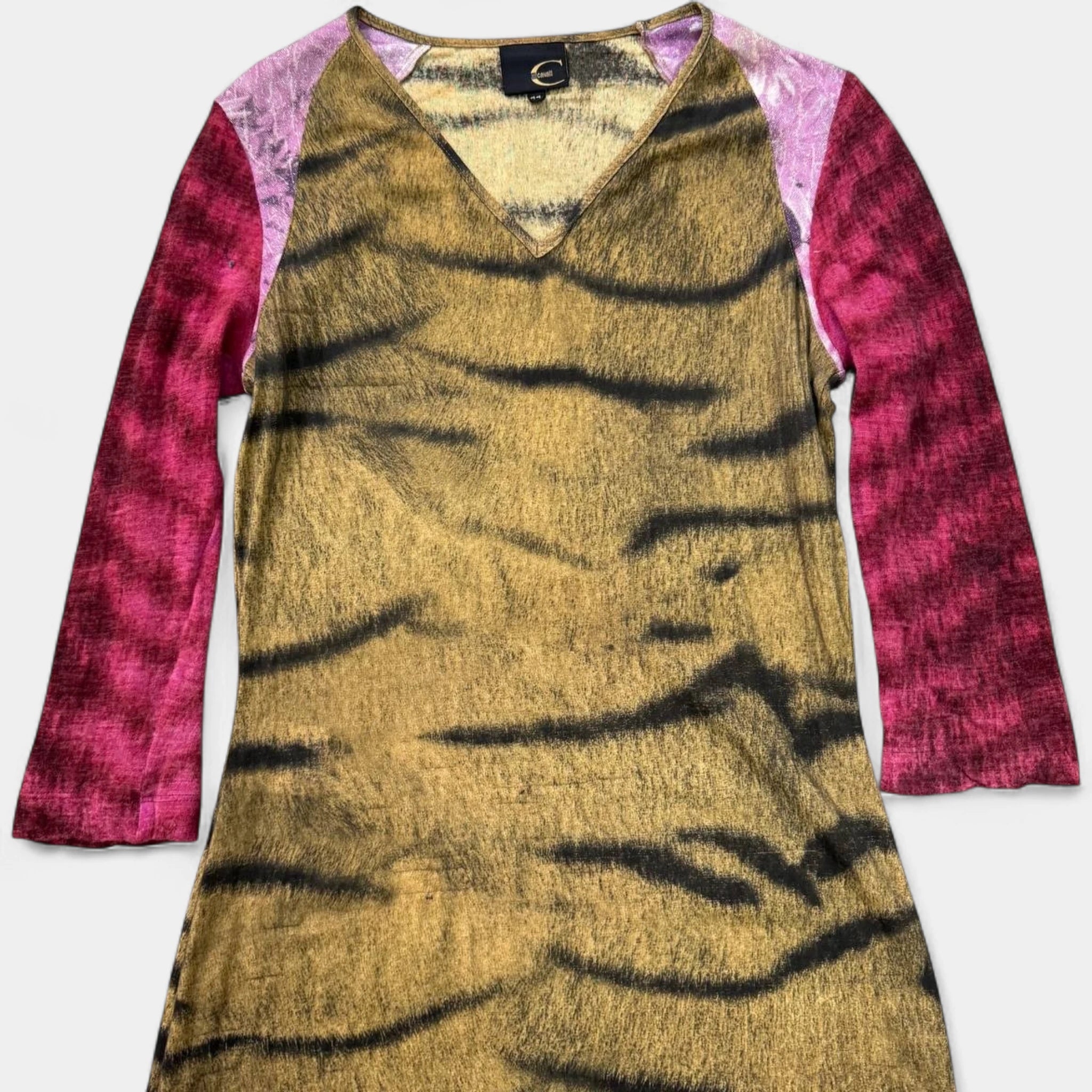Just Cavalli Tiger Print Colorblock High-Low Maxi Dress