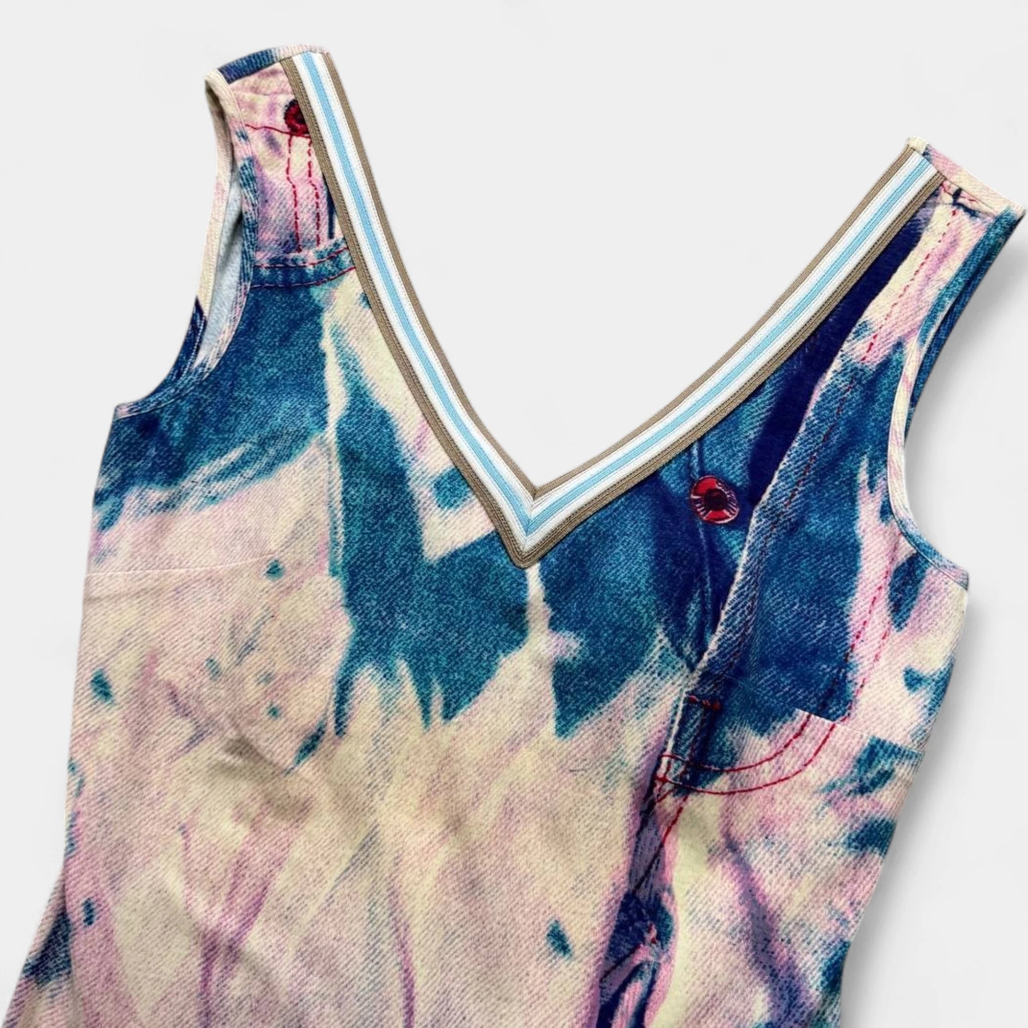 Just Cavalli 2000s Blue Pink Tie-Dye Denim V-Neck Tank Top