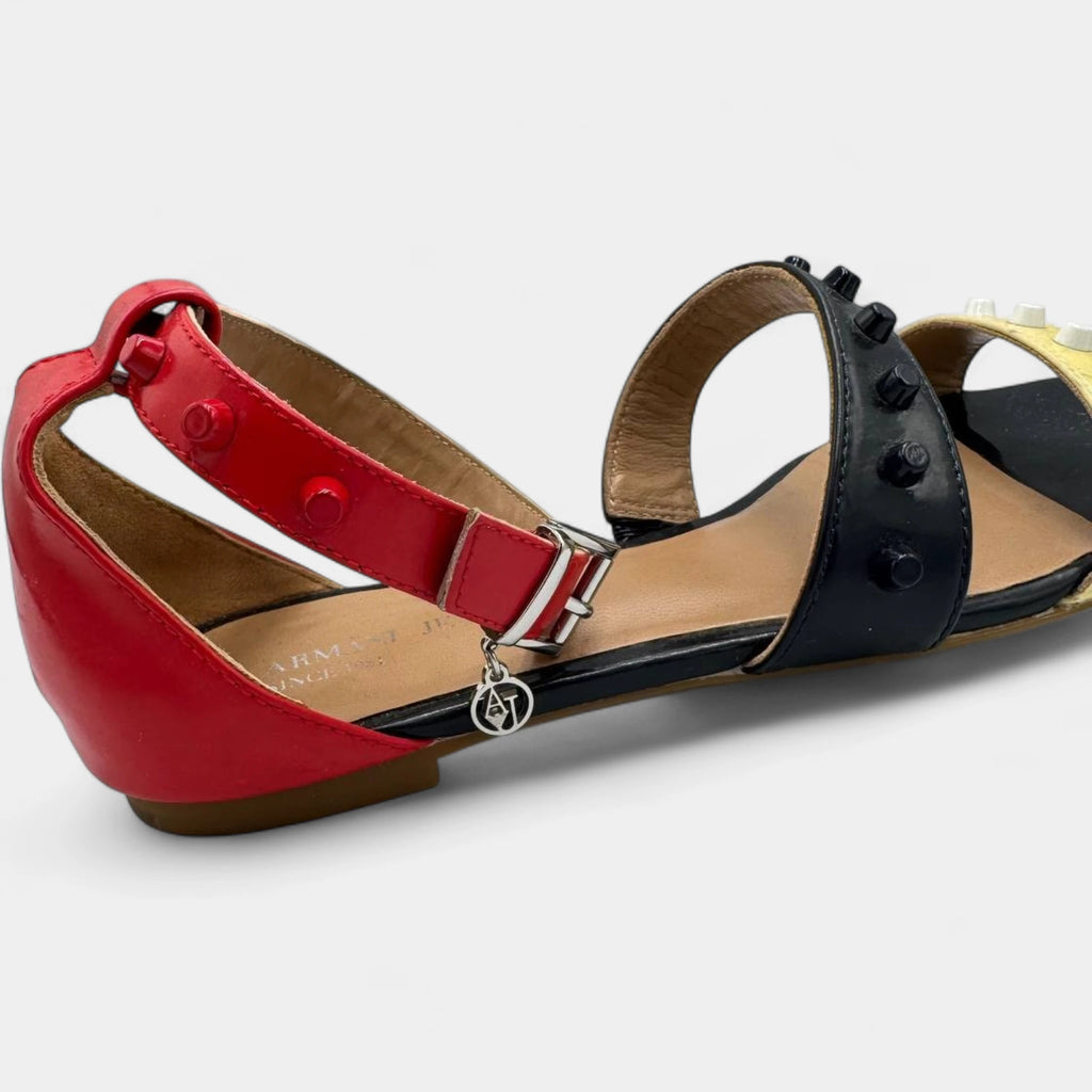 Armani Jeans Color-Block Studded Patent Leather Flat Sandals
