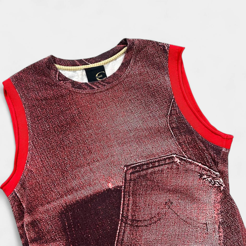 Just Cavalli Red Denim Pattern Sleeveless T-Shirt