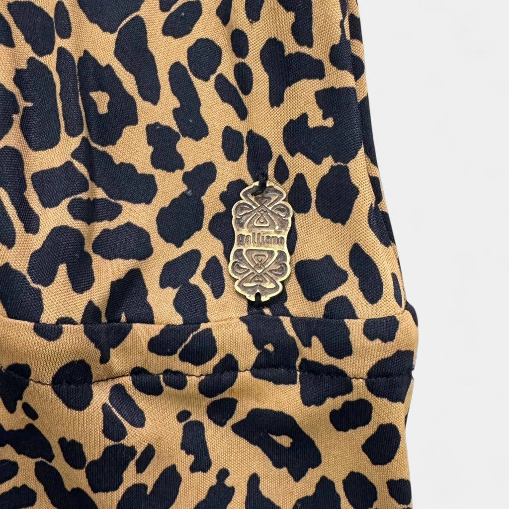 Galliano Leopard Print Lace-Up V-Neck Mini Dress