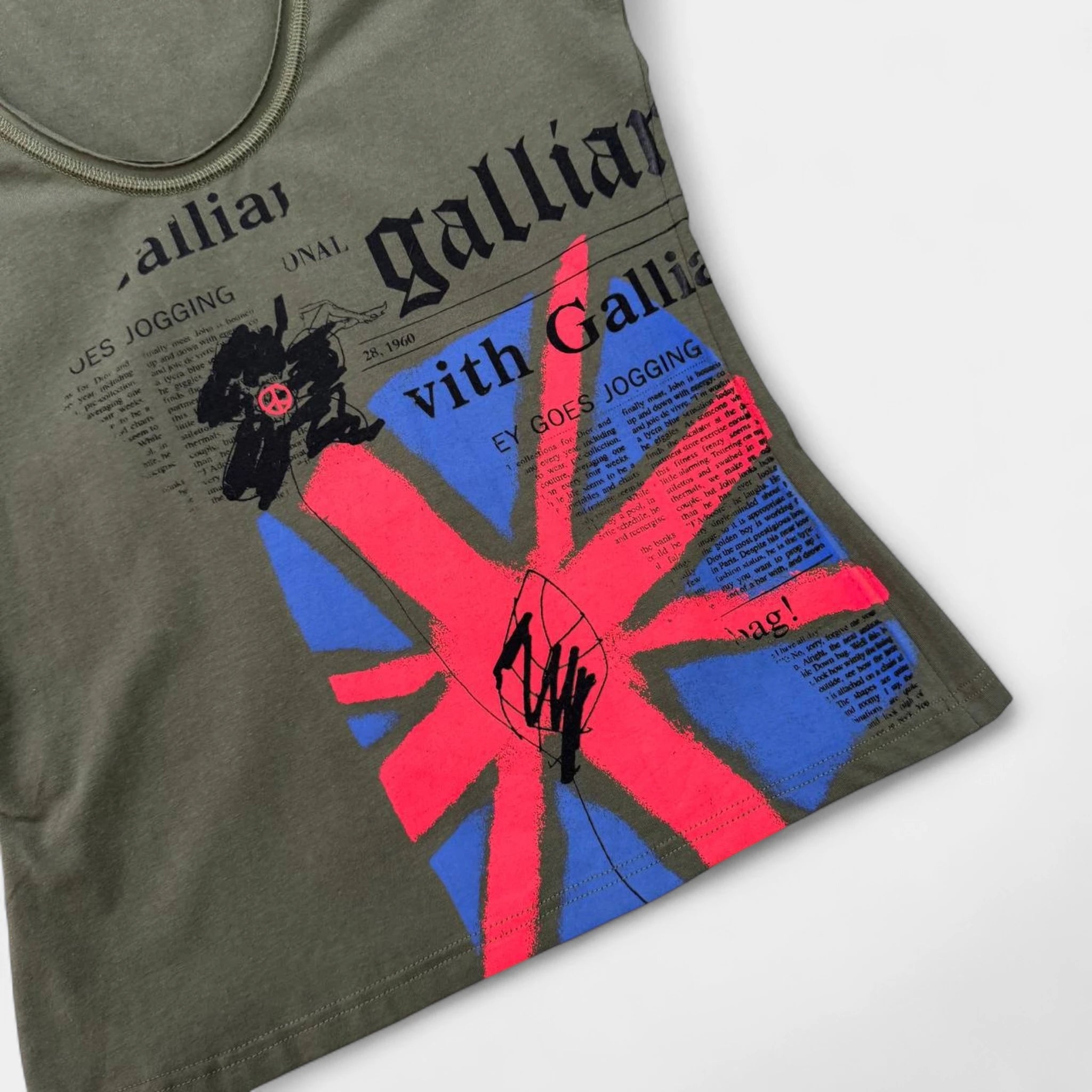 Galliano Olive Green Union Jack "UK" Newspaper Print T-Shirt