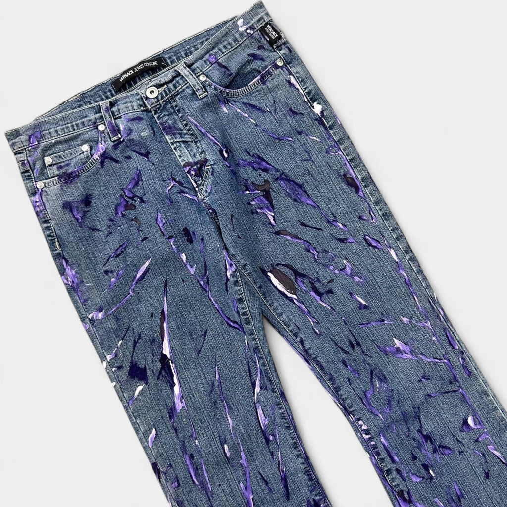 Versace Jeans Couture 2000s Blue Painted Denim Flared Pants