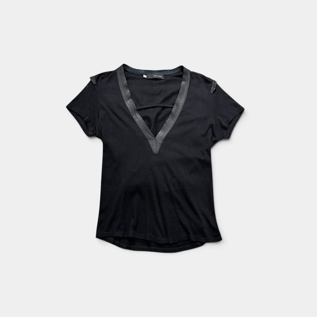 Dsquared2 Black Cotton V-Neck T-shirt with Leather Trim