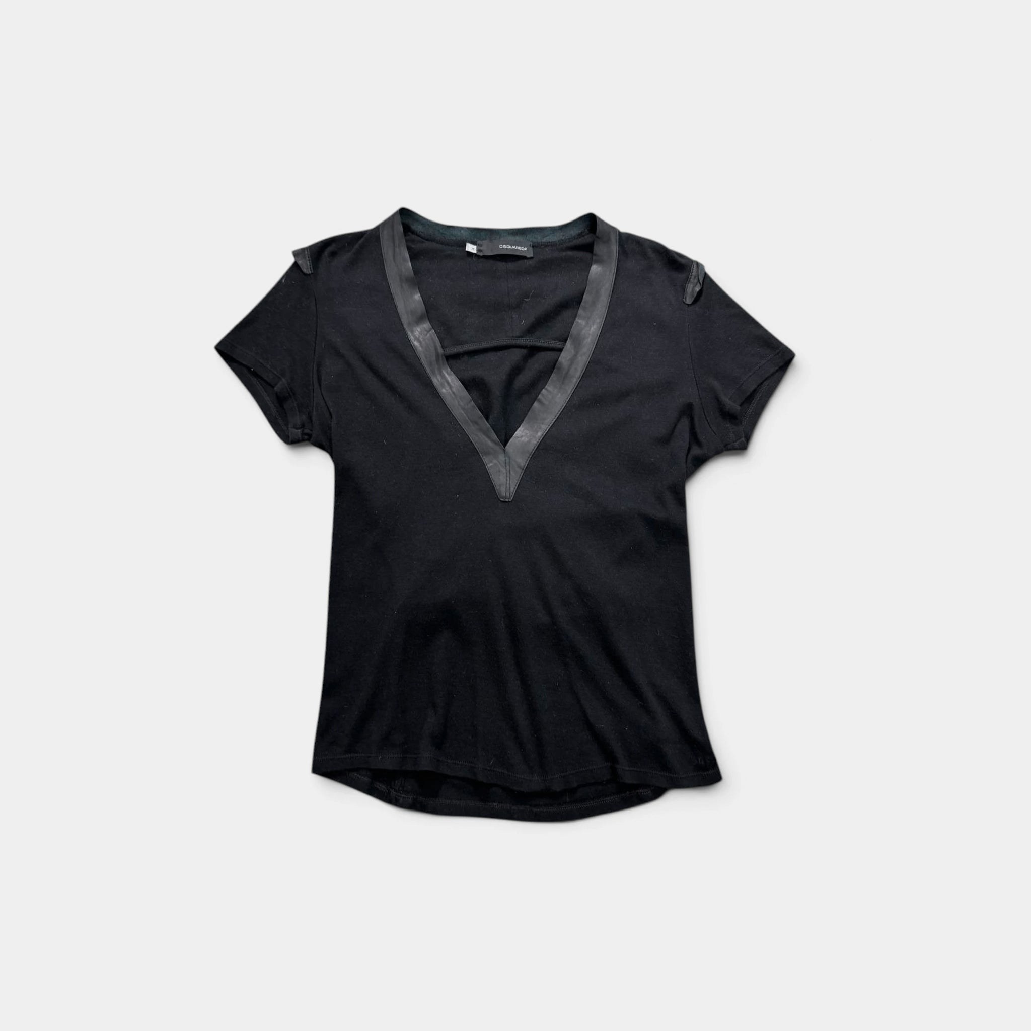 Dsquared2 Black Cotton V-Neck T-shirt with Leather Trim