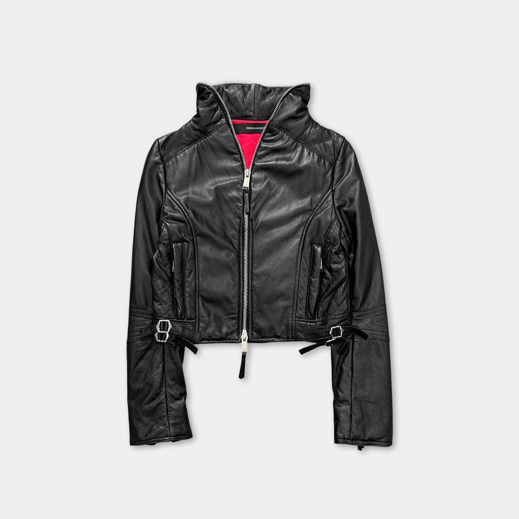 Dsquared2 Black Cropped Leather Jacket Women