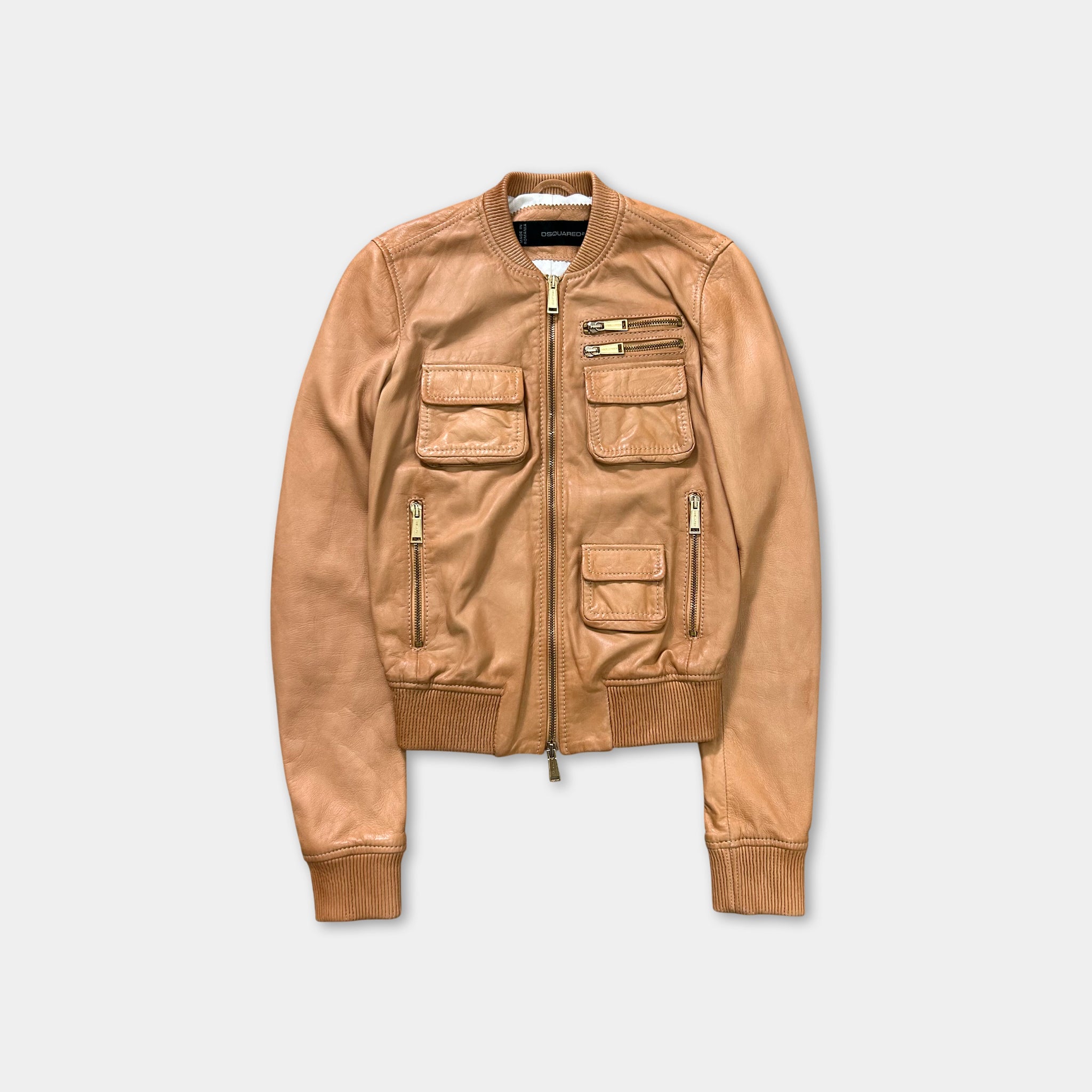 Dsquared2 Beige Leather Cargo Bomber Jacket