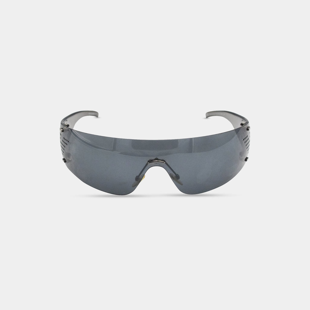 A pair of dark-colored sunglasses with a sleek, modern design.