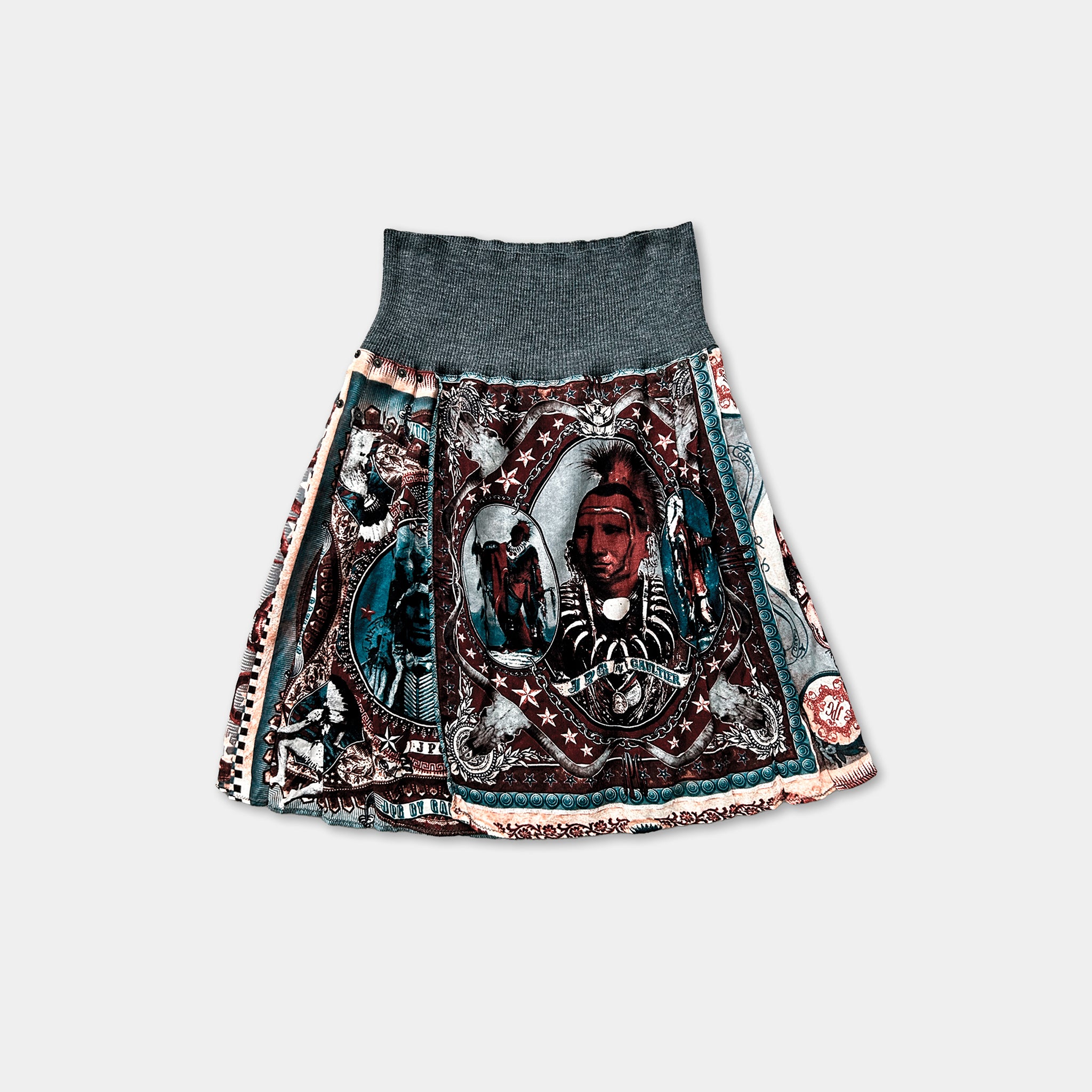 a colorful, patterned skirt with various designs and images on it.